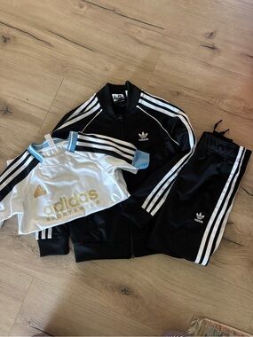 adidas Black & White Three-Stripe Track Jacket, Pants and White Tee